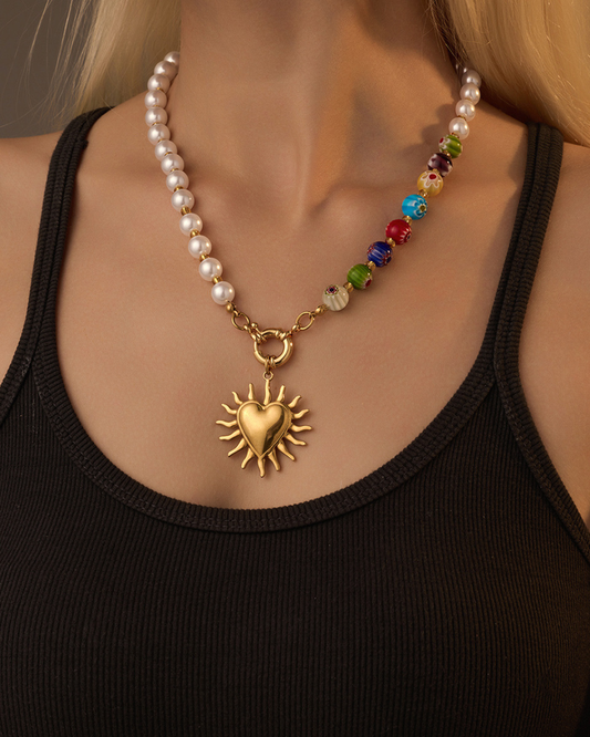 Cassidy Pearl & Resin Sun Heart Necklace - Statement